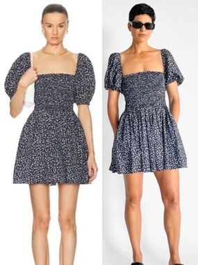 Matteau Shirred Cotton Poplin Peasant Blue Floral Puff Sleeve Mini Dress